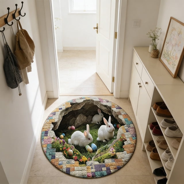 Easter 3D Rug 40*40, Custom Easter Bunny Round Rug Personalized 3D Effect Easter Day Carpet Non Washable Bunny Area Rug for Living Room Bedroom Birthday Indoor Home Decor Spring Day