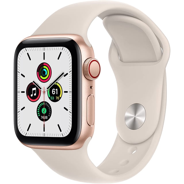 apple watch se reloj inteligente (1.ª generación) (gps + celular) con caja de aluminio dorado de 40 mm y correa deportiva blanca estelar. Vista frontal en 3/4 de un Apple Watch SE con caja de aluminio dorado de 40 mm, corona digital con anillo rojo y botón lateral, correa deportiva blanca estelar ajustable; pantalla activa con anillos de actividad, widget de música, frecuencia cardiaca y medidor de decibelios, sobre fondo blanco. También suele usarse como control remoto para audio y notificaciones en viajes cortos.