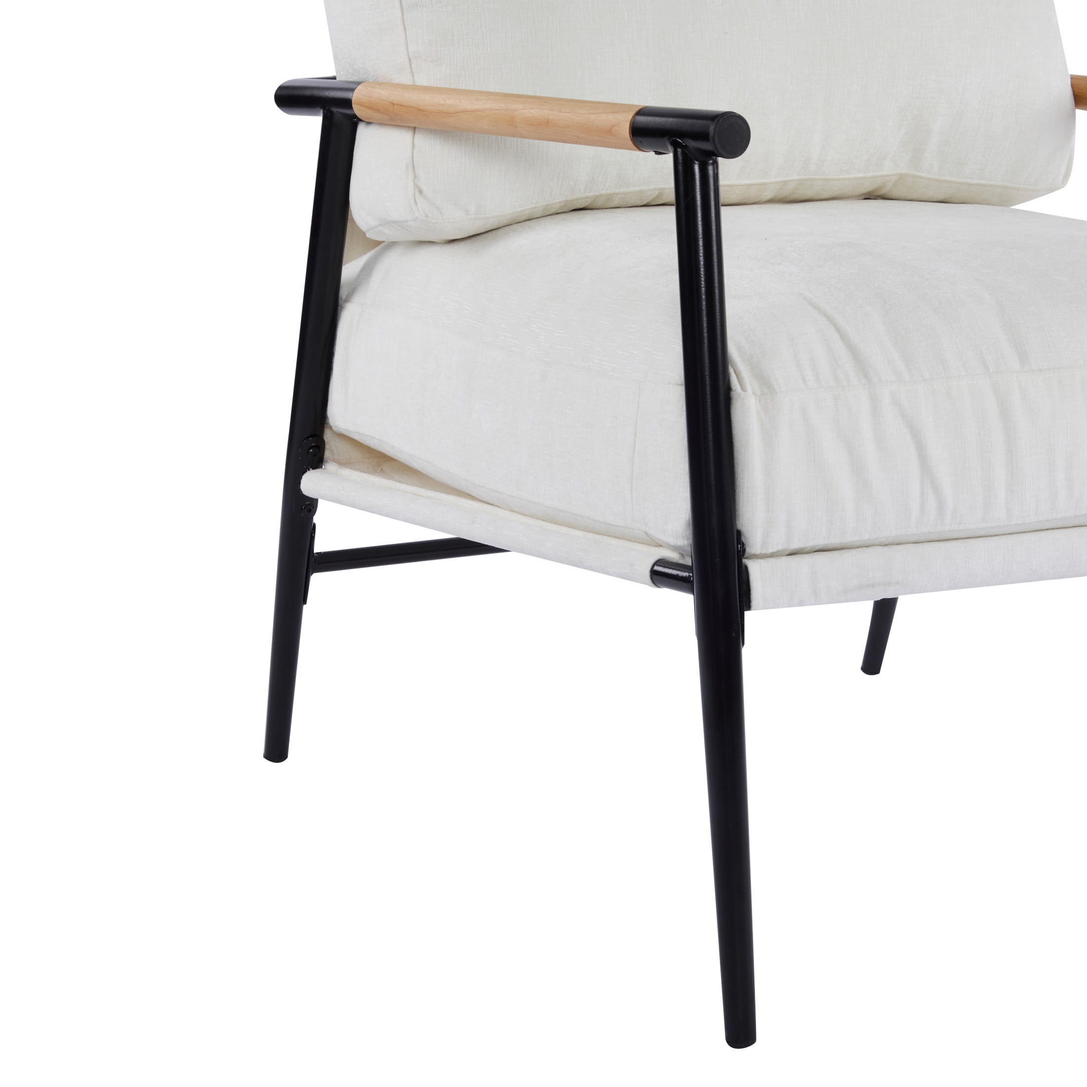 Modern Armchair with Metal Frame & Natural Wood Armrests, Plush Cushions, White+Black