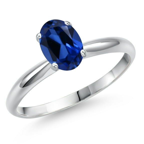 Gem Stone King 14K White Gold Blue Created Sapphire Solitaire Engagement Ring for Women | 1.00 Cttw | Oval 7X5MM | Gemstone September Birthstone | Size 6
