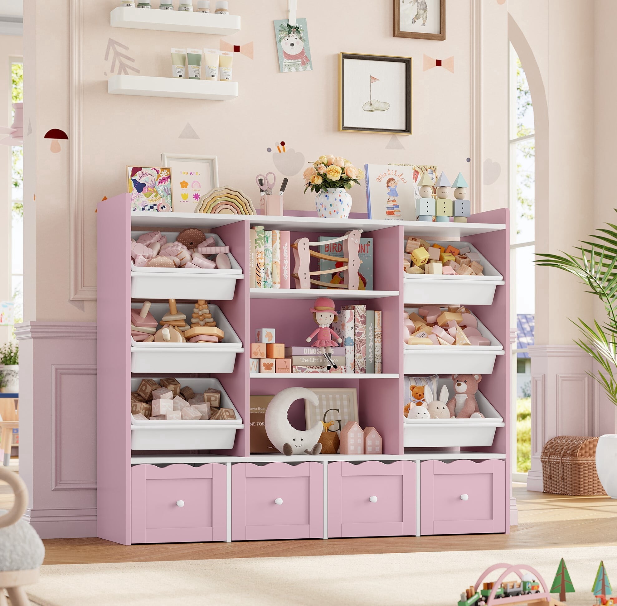 Hiphuta 55" Wide Toy Storage Organizer with 4 Removable Drawers, 4-Tier Kid Bookcase with 6 Bins, Toy Organizer with Bookcase for Kid Bedroom Playroom, Pink & White