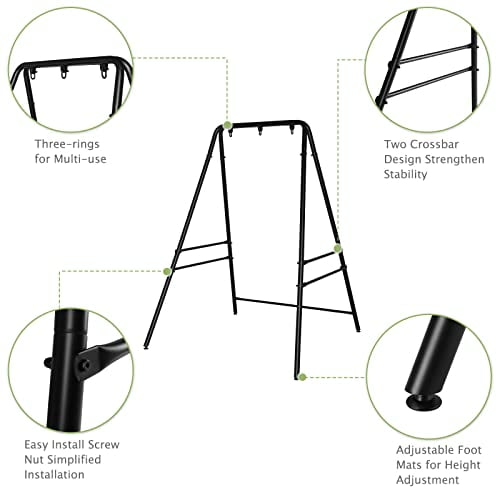 Heavy Duty Hammock Chair Stand, Three Rings Metal Swing Stand Frame with Four-Legged Standing for Yard, Porch, Paito, Inside Room Outdoor, 52.4"x 54"x 70.1", Black