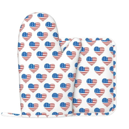 

heart USA flag print Oven Mitts and Pot Holders Sets with 1 Non-Slip Left Silicone Oven Mitts and 1 Heatproof Insulated Hot Pads for Kitchen Use in Cooking Baking Grilling