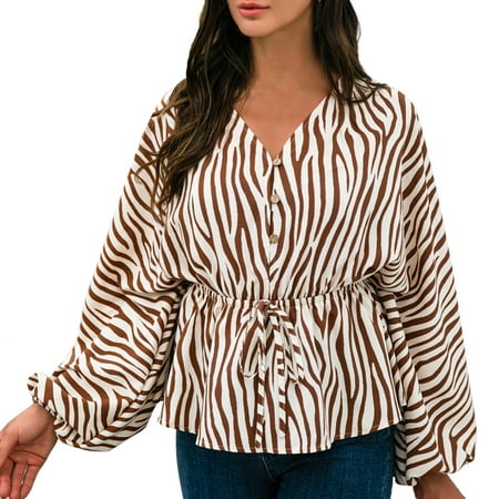 

JDEFEG Loose Fit Button Fashion V-Neck Tie Women s Tops Irregular Blouses Sleeve Stripe Long Women s Blouse Christmas Scrub Top Polyester Coffee M