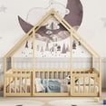 thumbnail image 2 of Full Size Floor Bed for Kids Toddlers, Wooden Montessori Bed Frame with Roof and Fence Guardrails, Playhouse Bed Tent Bed for Boys Girls Bedroom, Easy Assembly, Natural, 2 of 7