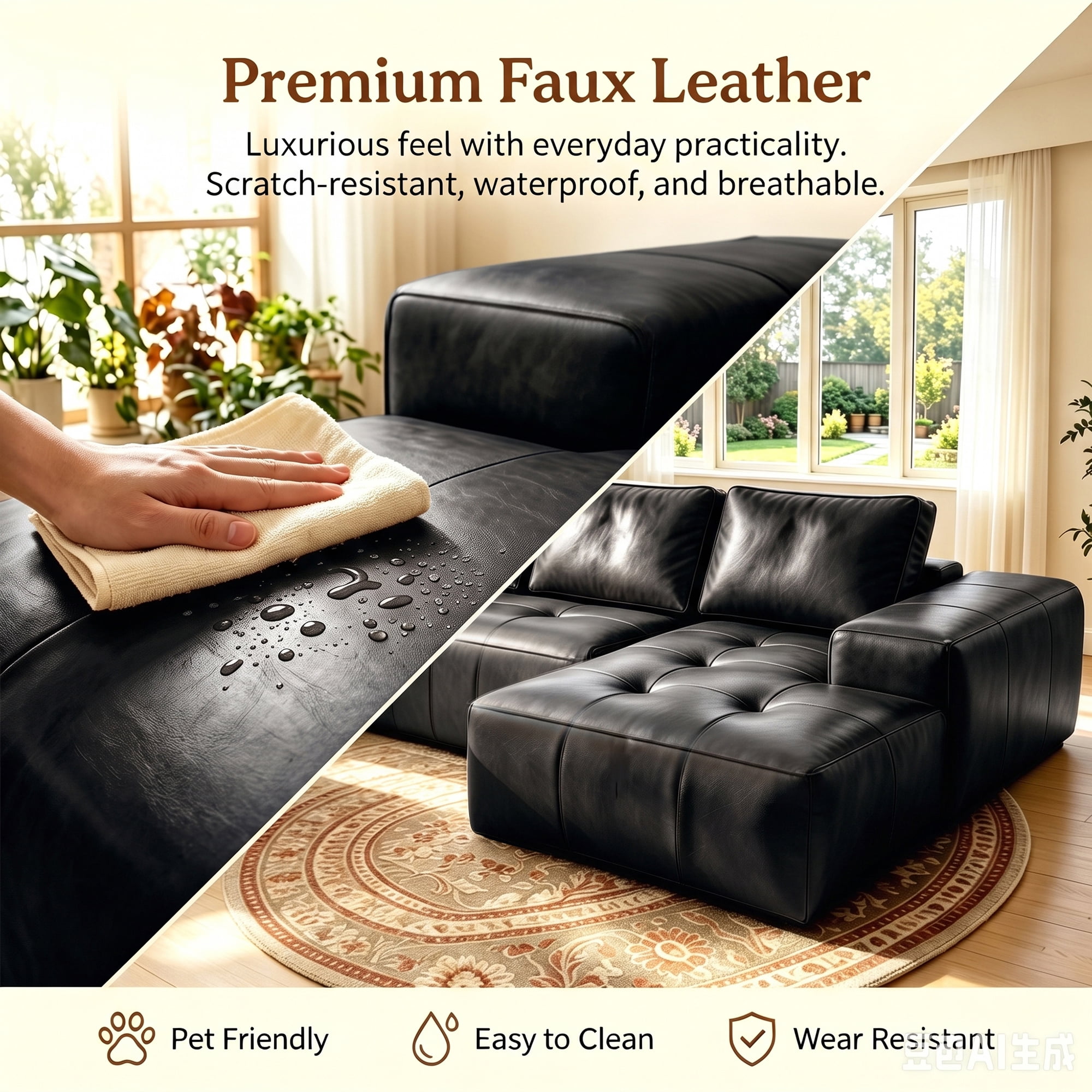 Aukfa 115" Leather Cloud Sectional Sofa Oversized Boneless Couch Modular L-Shaped Sofa for Living Room, Right Chaise, Black