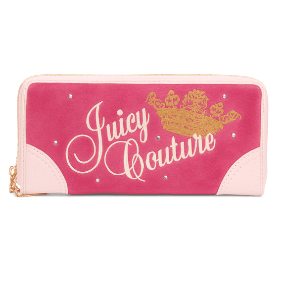 Juicy Couture Women’s Pink Velour Zip-Around Wallet with Rhinestone Accents, Gold Crown Embroidery & Wristlet Strap