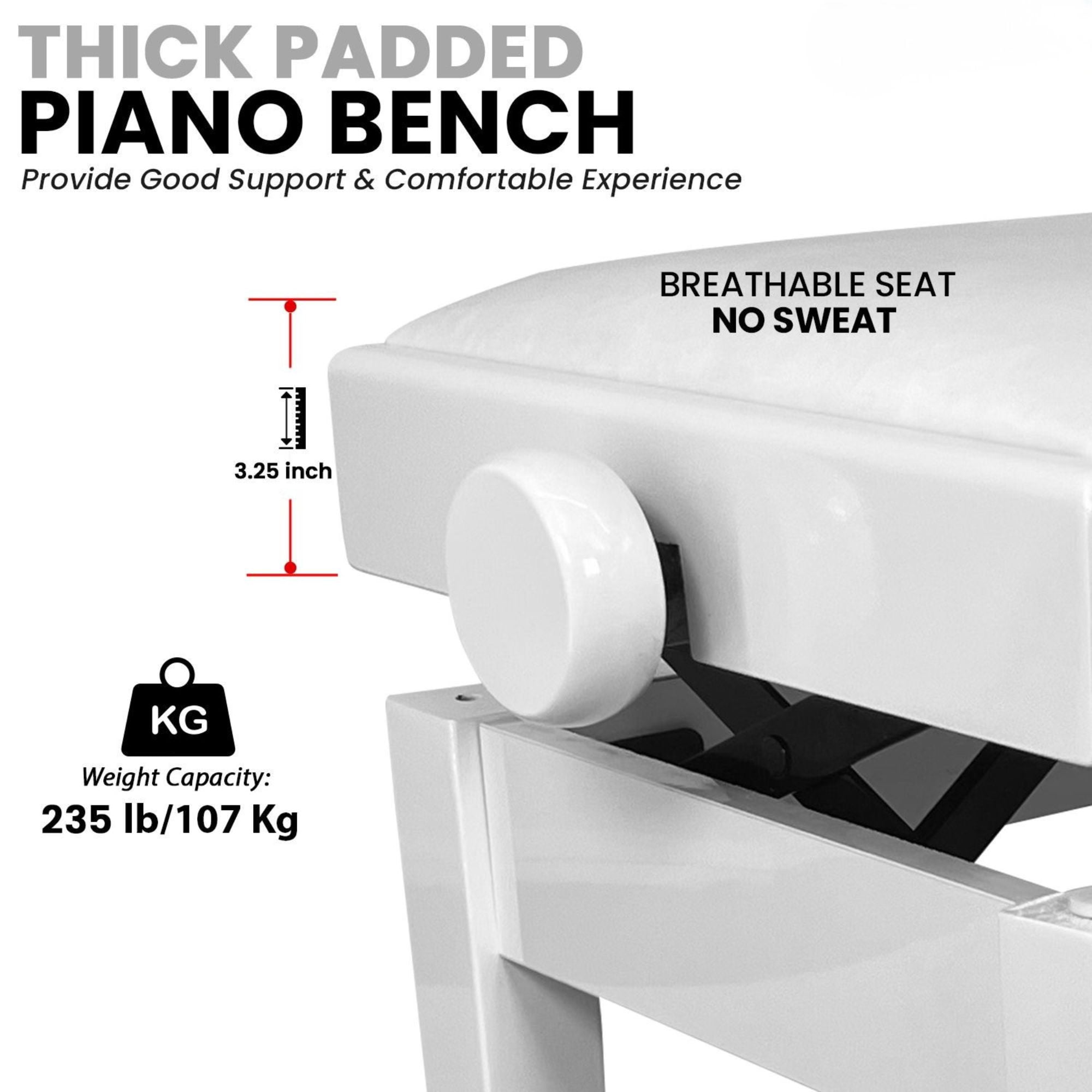 Adjustable Piano Bench - Padded Solid Wood Keyboard Stool (18"-22") - White