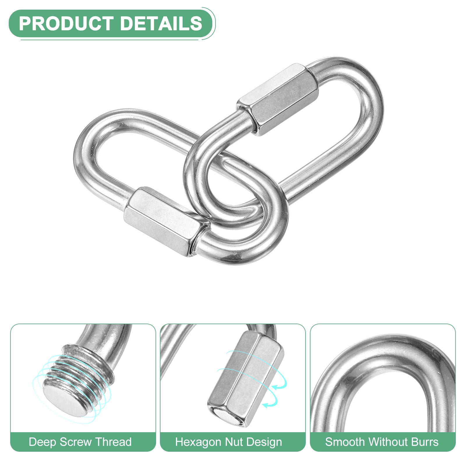 4-Pack Quick Chain Link Connector, M10 3/8" 316 Stainless Steel D-Shape Locking Repair Chain Links for Swing/Camping/Hiking/Backpack, Twist Key Ring Screw Chain Link [Silver]