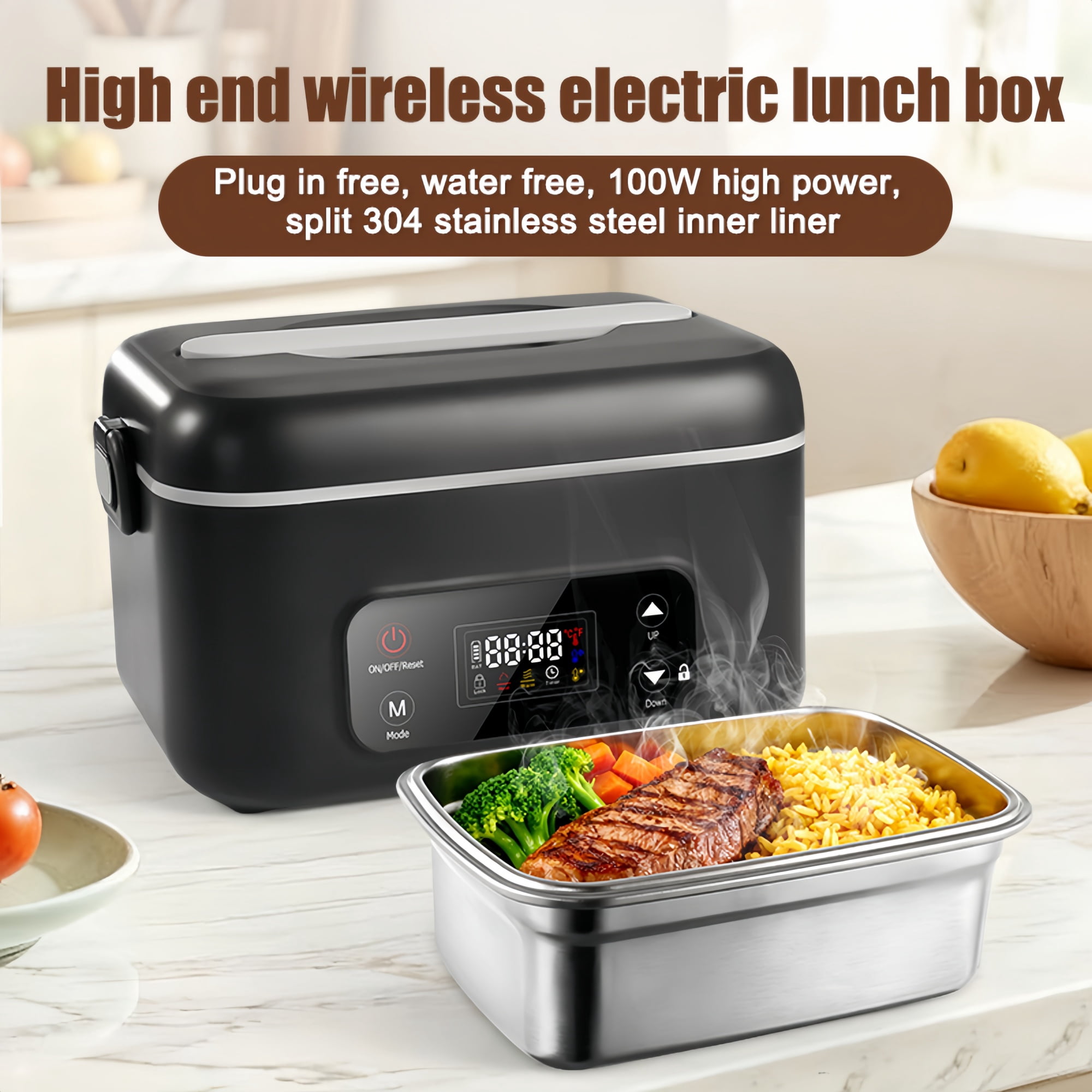 NPPNVV Advanced Cordless Heated Lunch Box for Adults, 5.5-Cup 100W Electric Lunch Box with 360° Surround Rapid Heating, 24000mAh Portable Food Warmer with Timer, LCD Display for Office, Car & Outdoor