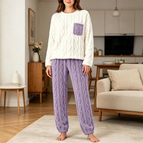 Maqroz Womens Two Piece Pajama Sets Warm Fluffy Cable Knit Long Sleeve Tops and Jogger Set Winter Warm Lounge Sleepwear Cozy Nightwear Outfits with Front Pocket
