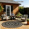 thumbnail image 2 of 5*5ft Round Outdoor Rug Circle Outside Area Rug Boho Reversible Patio Rug Plactic Straw Rug for Patios,Deck,Picnic,Beach,Trailer,Camping,Black&Beige, 2 of 10