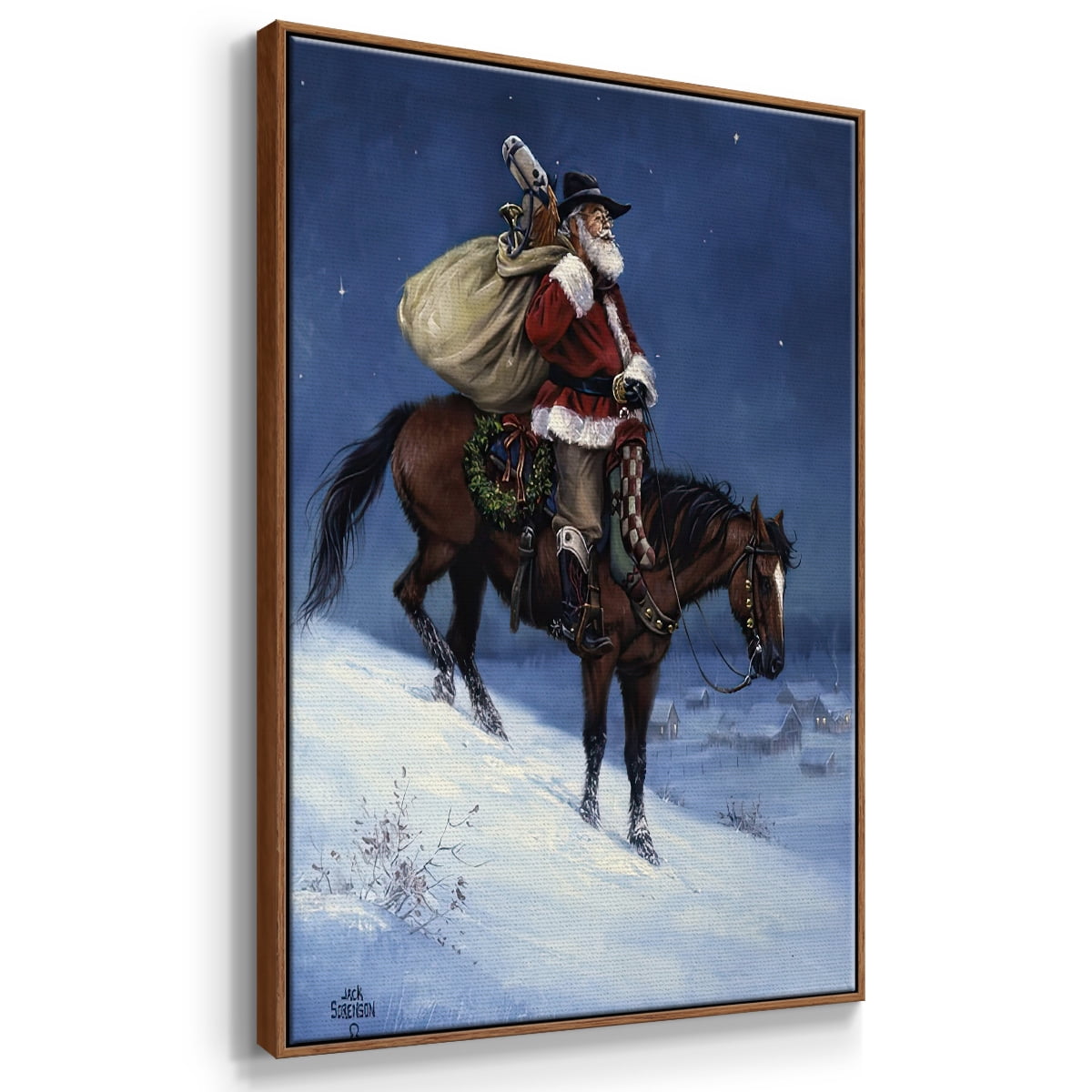 A Cowboy Christmas - Framed Gallery Wrapped Holiday Canvas - 25 x 37 - Rosewood Frame