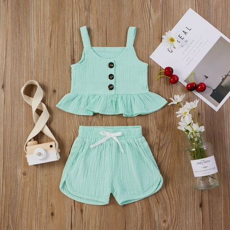 

DAETIROS Prevalent Toddler Kids Baby Girls Summer Four-color Suspender Top and Shorts Clothes Set Green