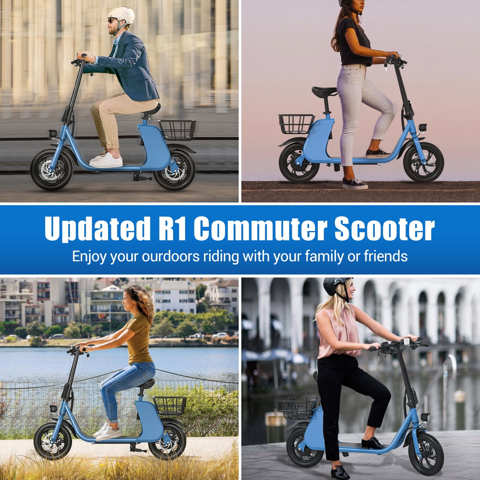 Lohoms Updated 450W Foldable Electric Scooters Bike, Adult Electric Moped Commuter Ebike Biycle Waterproof E-Scooter With Seat Basket 12 in Off-Road Tires,Blue