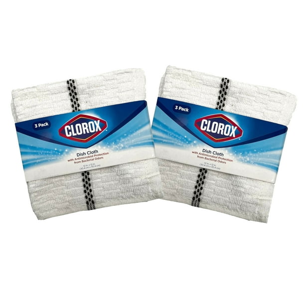 Clorox Dish Cloths 6 Count (2 Packs of 3 Cloths), White With Grey Stripe