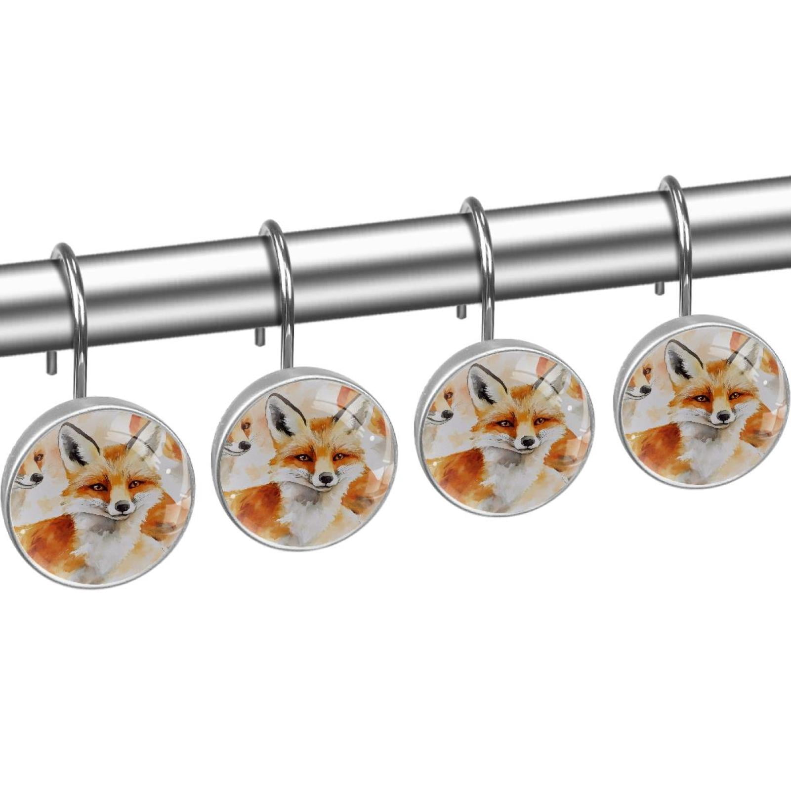 Watercolor Foxes Shower Curtain Hooks Round Crystal Glass, Set of 12 Shower Curtain Rings - Shower Hooks for Curtain Shower Rings