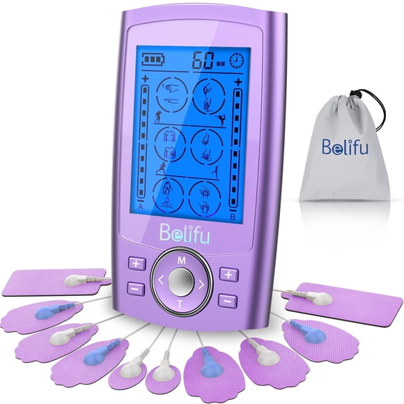 Estimulador muscular Belfiu TENS y PMS de 24 modos para aliviar el dolor, masajeador electrónico de pulso con 10 almohadillas, bolsa de almacenamiento con cordón antipolvo y bridas.