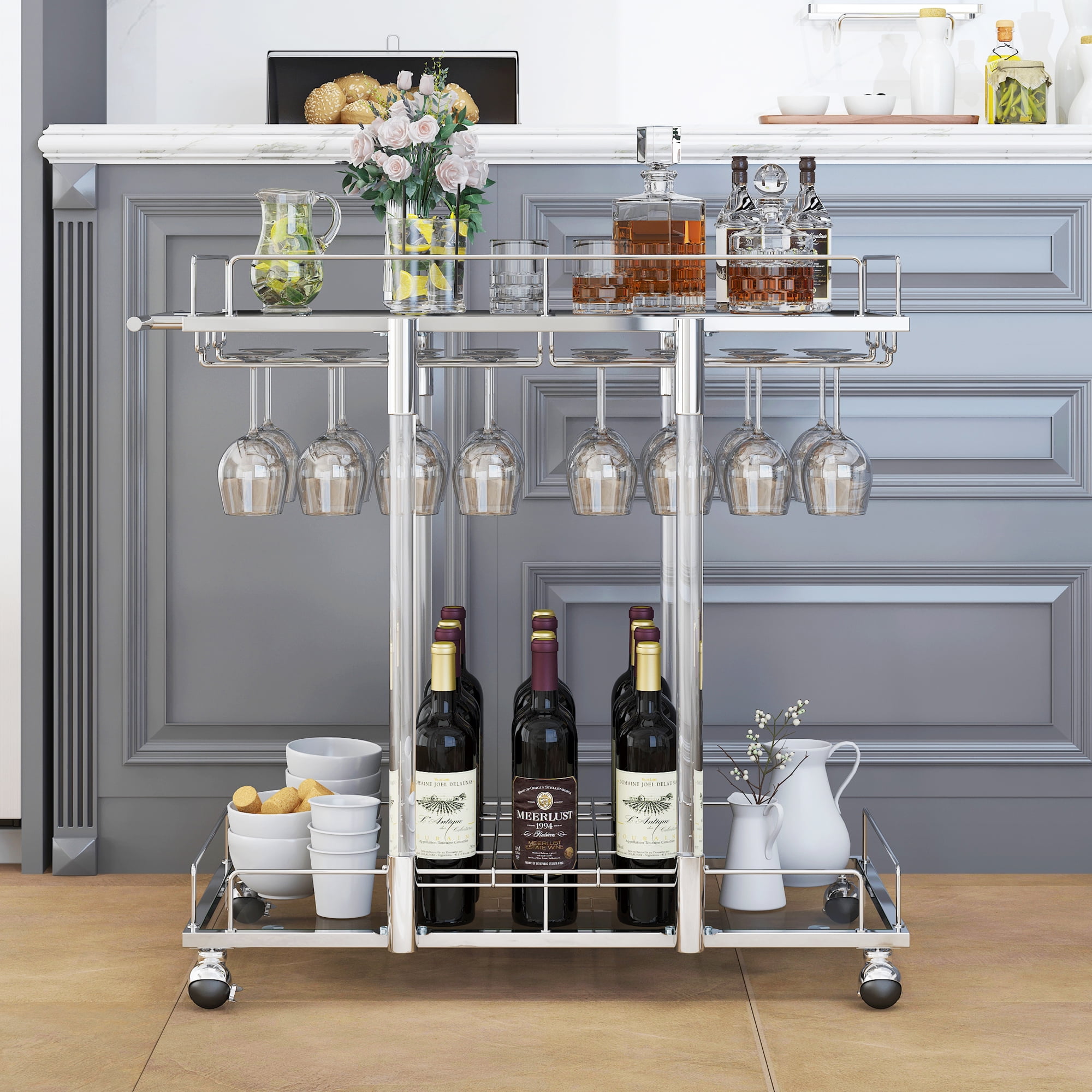Silver bar cart online with wine rack