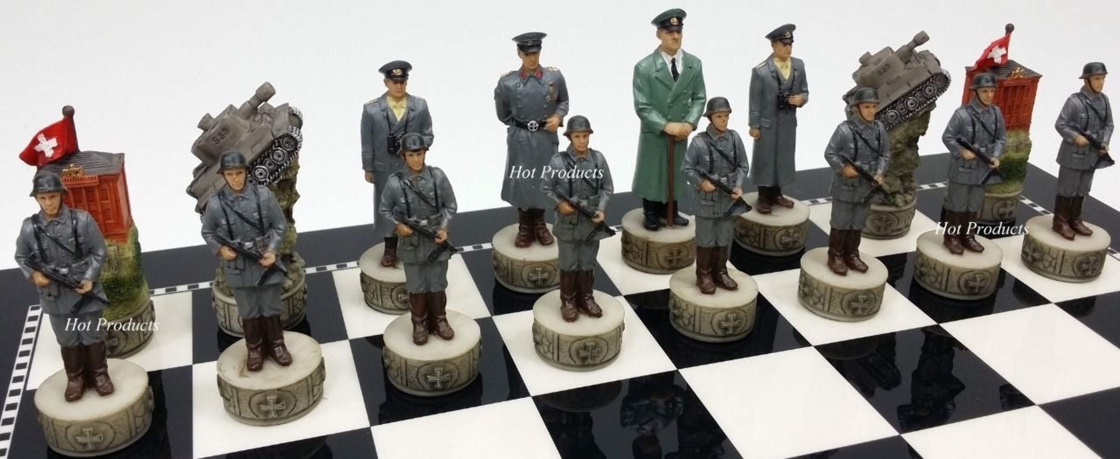 World War 2 US GERMANY Chess Set W/ 15" BLACK  WHITE GLOSS BOARD WW2