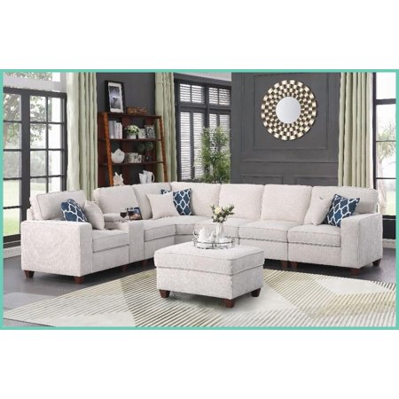 Rene Modern 3-Seat Sectional Sofa with Ottoman – Living Room Set featuring USB Cupholder, 6 Toss Pillows & Removable Cushions