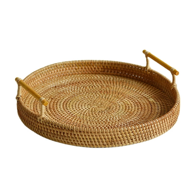 Storage Tray Serving Tray, with Handles Wicker Basket, Round Woven Decorative Organizer, Rattan Tray for Food Kitchen Display, Tabletop, Vegetables