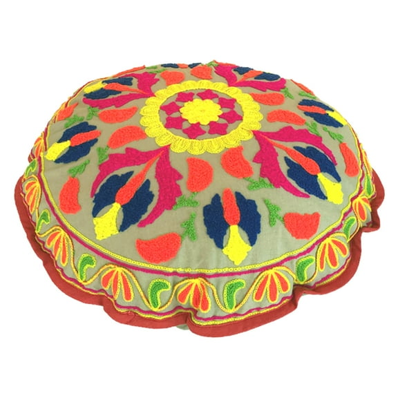 Stylo Culture Indian Boho Floor Cushion Cover Traditional Sujani Embroidered Kids Pillow Colorful Small 18 x 18 Decorative Round Decor Seating Tuffet Seat Pouf Cover Footstool Cotton Floral 1 Pc