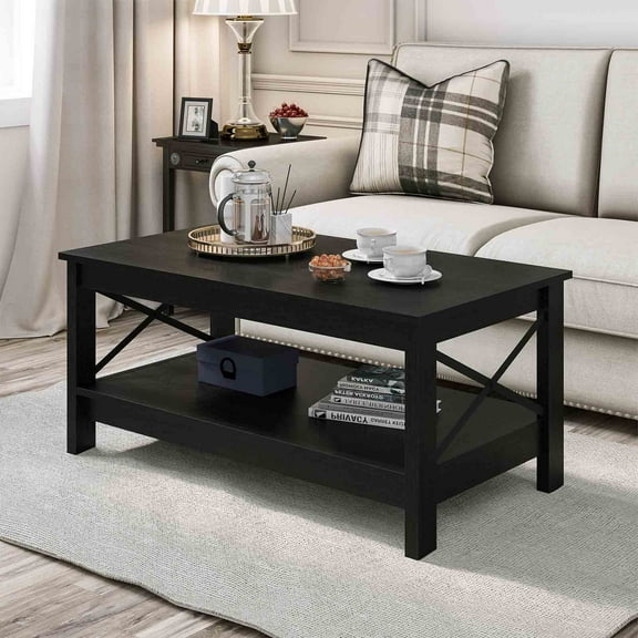 Dextrus Farmhouse Coffee Table with Open Storage Shelf, 2-Tier Thicken Wood Accent Cocktail Center Ends Table for Living Room Home Office, Black