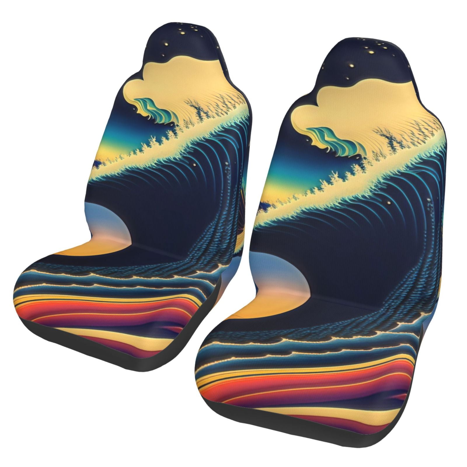 TEQUAN Front Seat Covers, Japanese Style Ocean Wave Pattern 2 Piece Car Seat Cover Fit Most Car