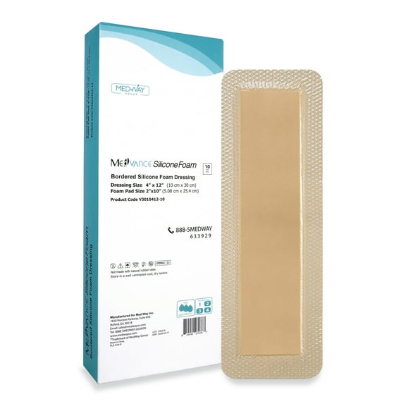 MedVanceTM Silicone - Bordered Silicone Adhesive Foam Dressing Size 4"x 12" (2.4"x10.4" Pad) 10 Pack