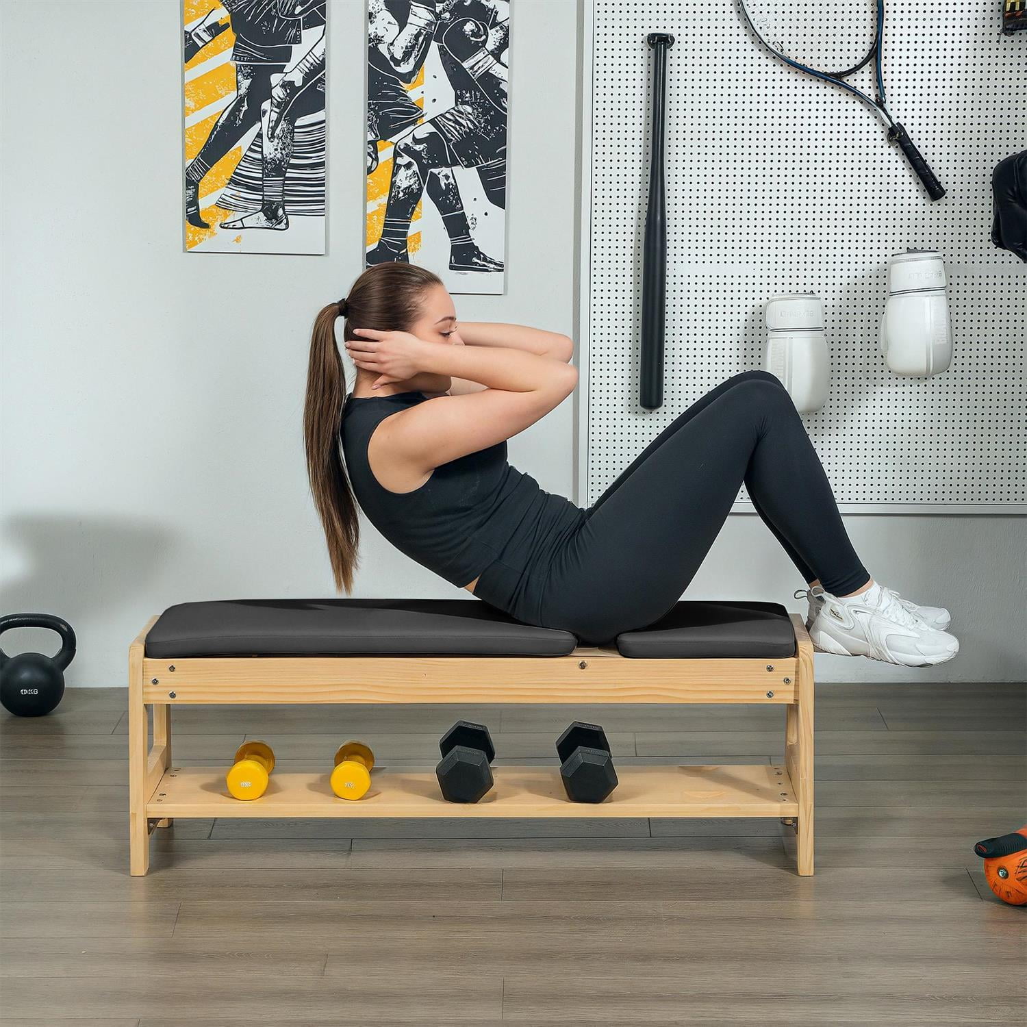Demi Bonn Home Gym Weight Lifting Bench: Wooden Adjustable Flat/Incline Bench with Dumbbell Rack ,Black