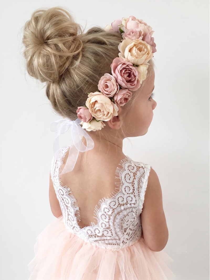 2Bunnies Girls' 6M-10Y Beaded Peony Lace Tiered Sleeveless Knee Flower Girl Dress