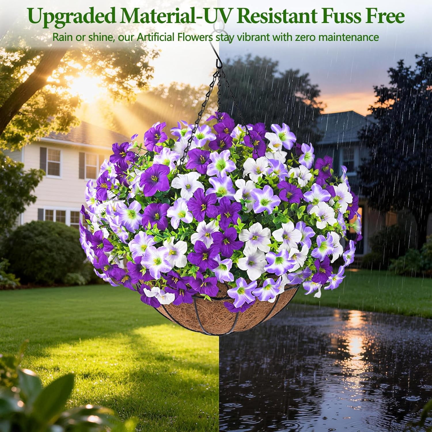 Lyacmy Artificial Hanging Flowers in Basket for Outdoor, UV Resistant Faux Petunias with Eucalyptus Leaves with 20Inch Coconut Lining Chain Flowerpot,Purple White