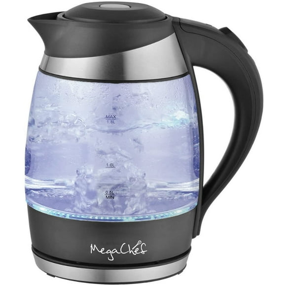 MegaChef Glass and Stainless Steel Electric Kettle, Cord-Free Serving with Drip Free Spout, Black