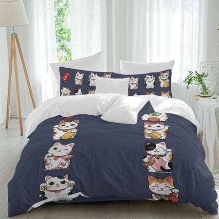 Lucky Cats Queen Size Comforter Set, Modern Japanese-Style Cute Cat Animals Navy Blue Bedding for All Seasons, 4 Pcs Bed Set, 1Quiltcover (90"x92") ,1Sheet(94"x116"), 2Pillowcases (30"x20")