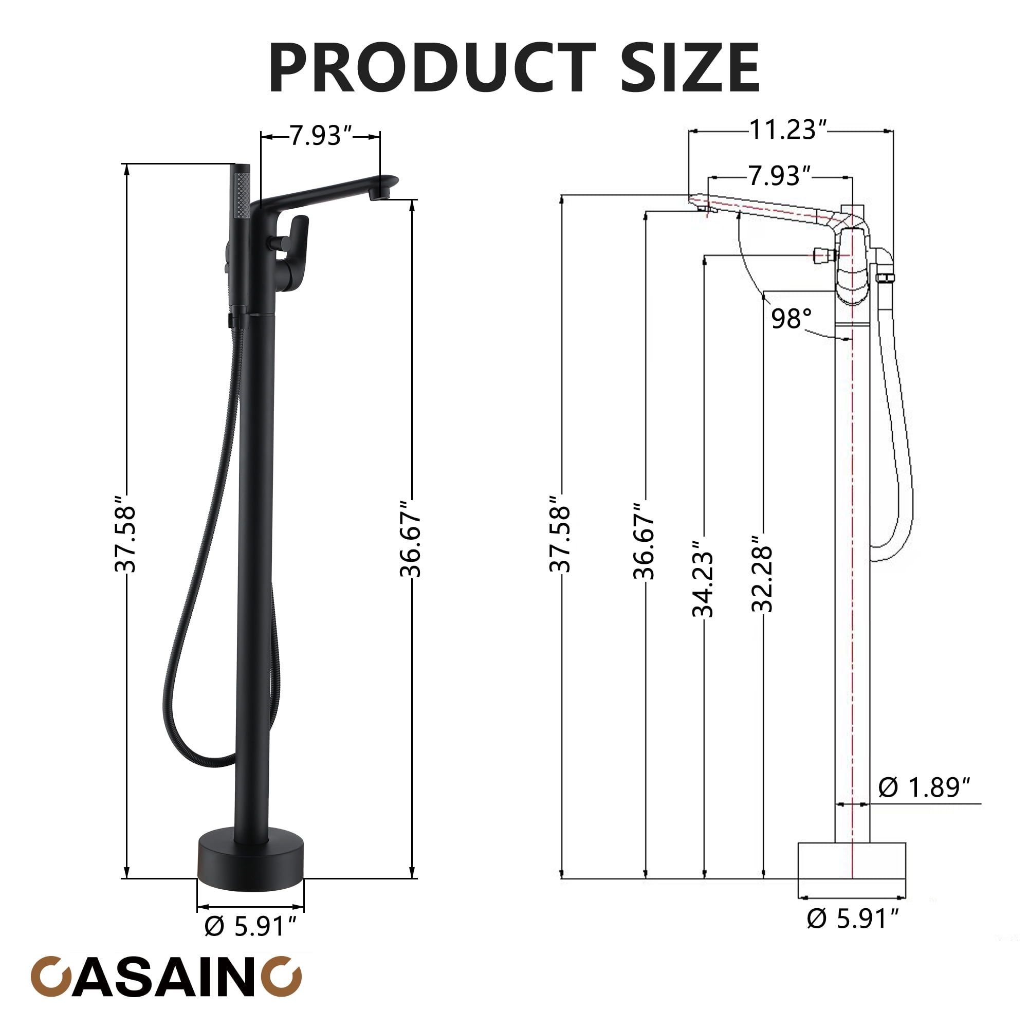 CASAINC Single-Handle Modern Floor Mount Freestanding Bathtub Faucet with Handheld Shower in Matte Black