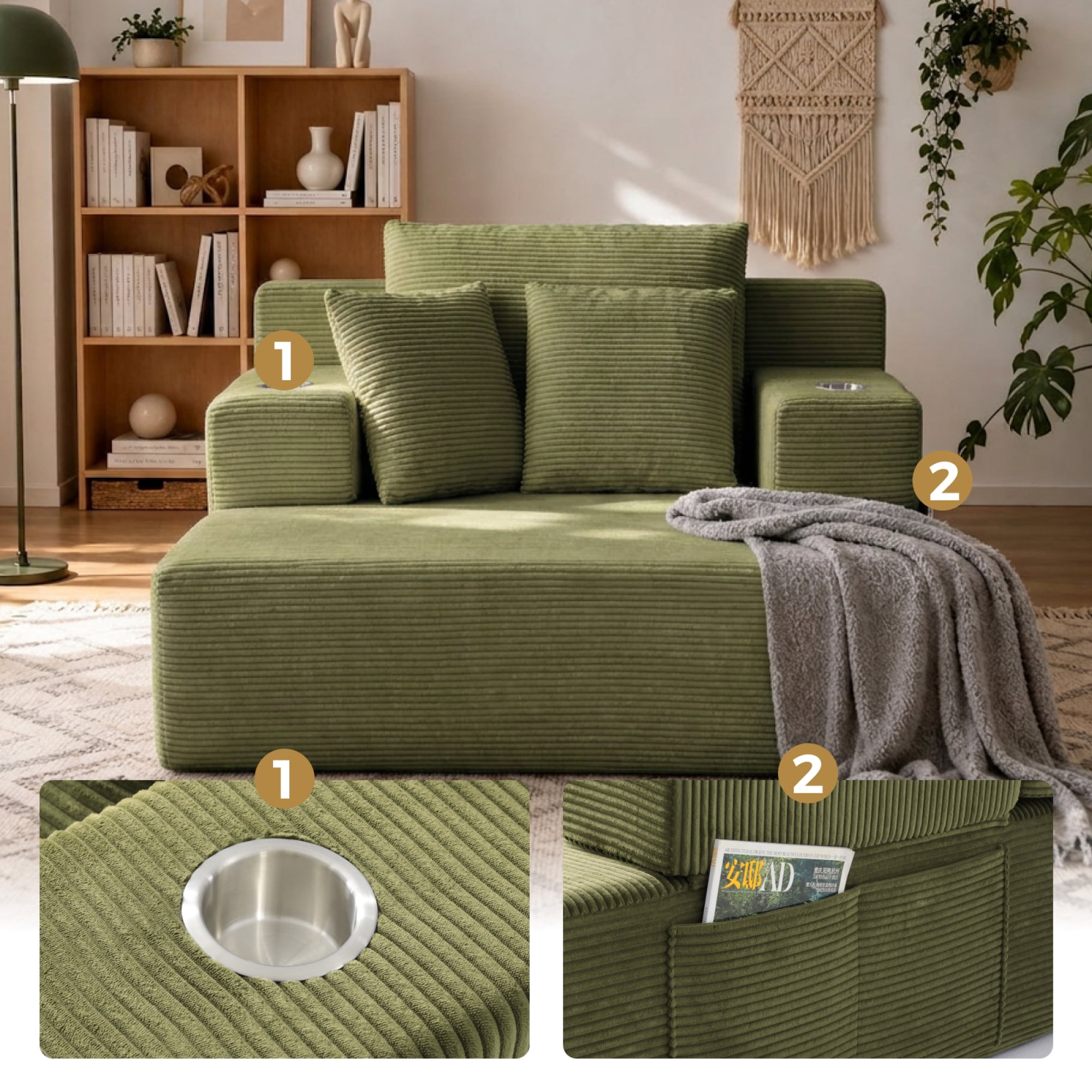 Leumius 70.8'' Oversized Chaise Lounge Chair Indoor,Plush Corduroy Upholstered Cloud Sofa Bed for Living Room,No Assembly Required,Green