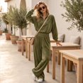 thumbnail image 5 of Szluipve 2 Piece Sets for Women Velour 2 Piece Tracksuit Half Zip Stand Collar Long Sleeve Top Elastic Waist Wide Leg Pants Casual Velvet Loungewear Outfit Army Green M, 5 of 8