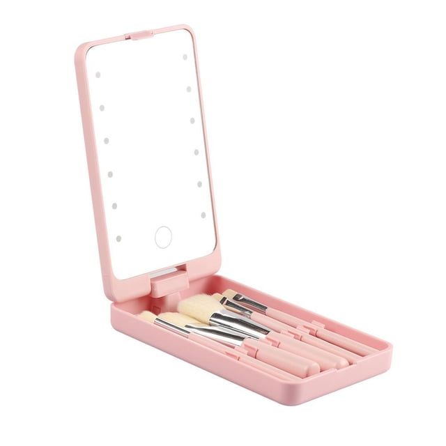 De Maquillaje Con Luz Led Con Pinceles De Maquillaje Caja De Espejo De Maquillaje Plegable De Viaje Espejo Compacto Portátil sonducket HA045607-03
