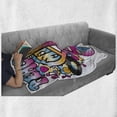 thumbnail image 5 of Groovy Soft Flannel Fleece Throw Blanket, Peace Love Music Text Guitar Records Flowers Musical Notes Illustration, Cozy Plush for Indoor and Outdoor Use, 70" x 90", Blue Pink Yellow, by Ambesonne, 5 of 5