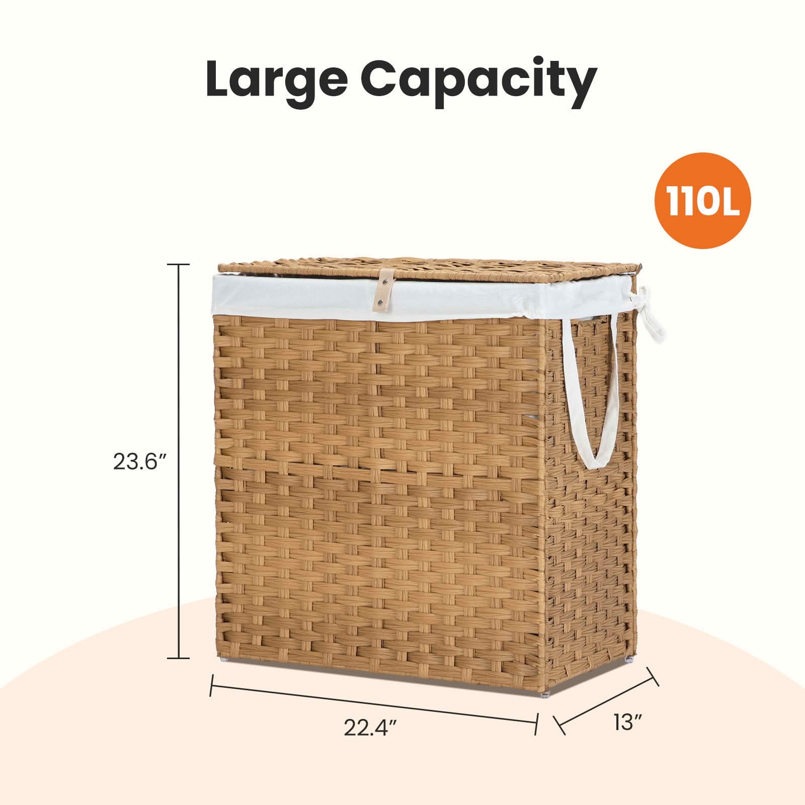 MAYEERTY 110L Hand-Woven PP Rattan Laundry Basket with Lid, Foldable with Compartments Handles