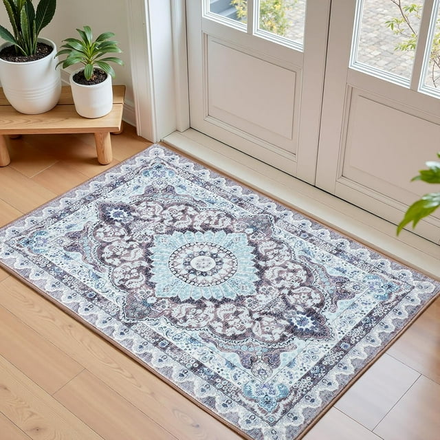 Macgace 2x3 Small Washable Rugs for Entryway, Faux Wool Vintage Throw Rug for Entrance Kitchen, Soft Boho Floor Covering Carpet Retro Distressed Medallion Mat Traditional Interiors, Brown & Blue