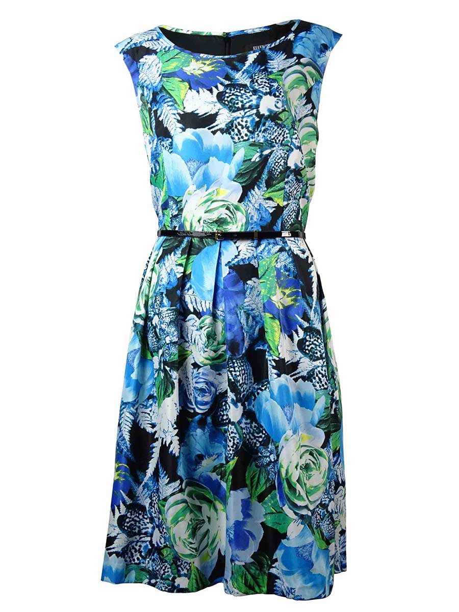 Ellen Tracy Womens Belted Floral Print Fit & Flare Dress