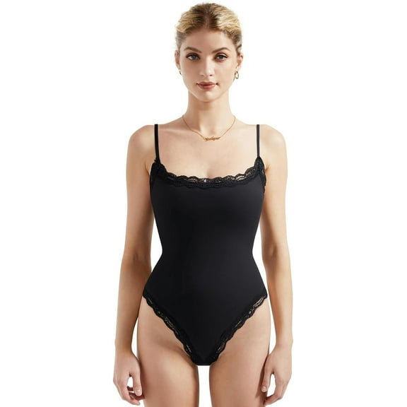 Women Square Neck Lace Bodysuit Sleeveless Spaghetti Strap Tank Top