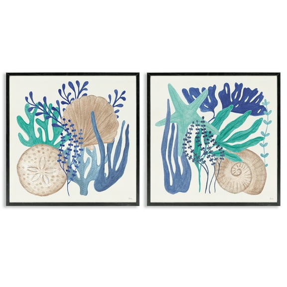 Stupell Industries Coastal Coral & Seashells Nautical & Beach Painting Black Framed Art Print Wall Art, 12 x 12, Set of 2