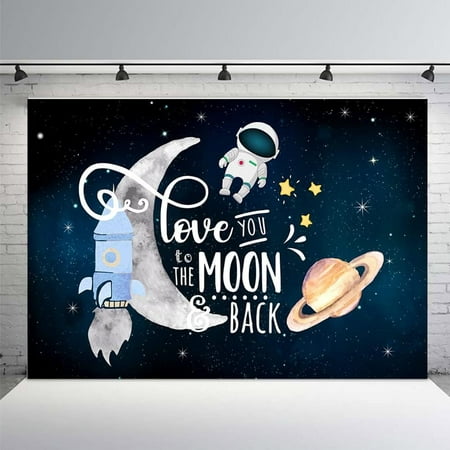 Image of Love You to The Moon and Back Backdrop Baby Party Decoration Outer Space Rocket Astronaut Birthday Cake