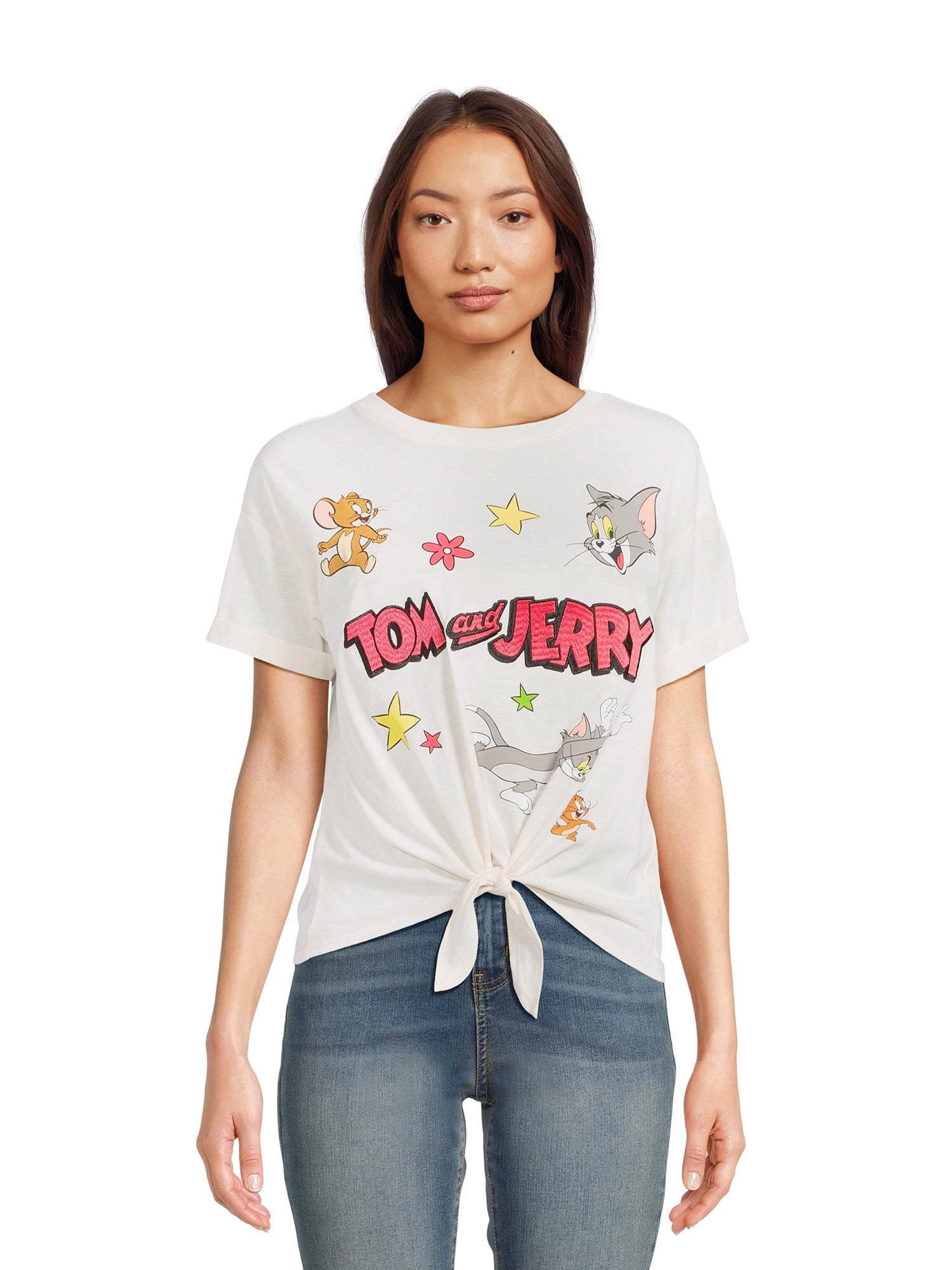 Tom and Jerry Juniors' Tie Front Graphic Tee, Sizes XS-3XL