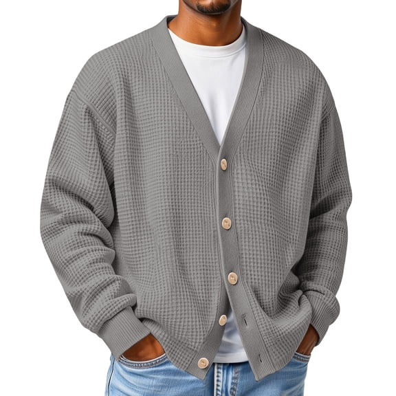 Dresfit Knitted Sweaters for Men Ribbed Cardigan Shirt Long Sleeve Button Up Knit Sweater Spring Front V Neck Textured Loose Fit Dressy Pullover Back To School Cardigan Gray XL