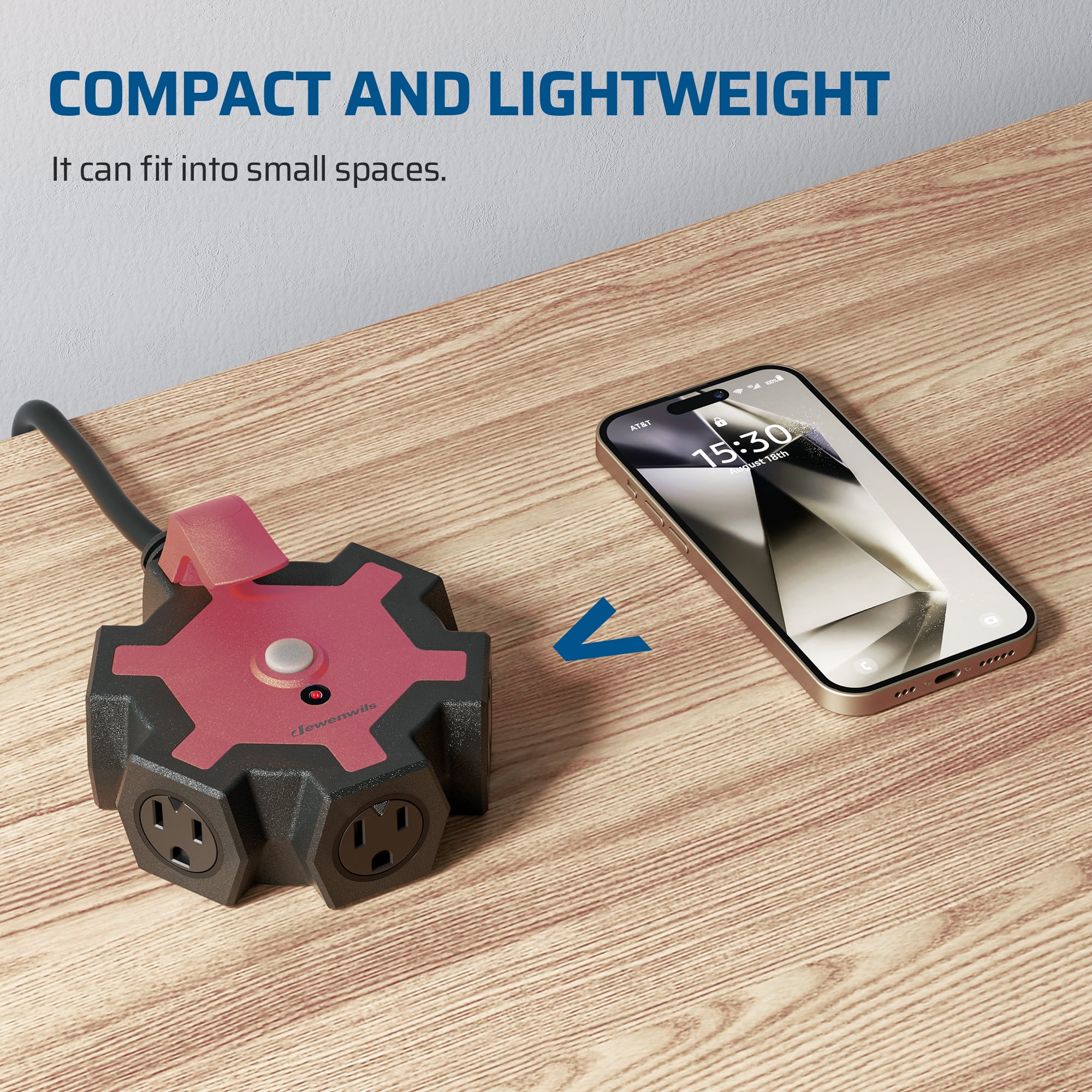 DEWENWILS 20ft Heavy Duty 14/3 Extension Cord with 5 Rotating Outlets, outlet extender, Circuit Breaker, Power Indicator, Red & Black
