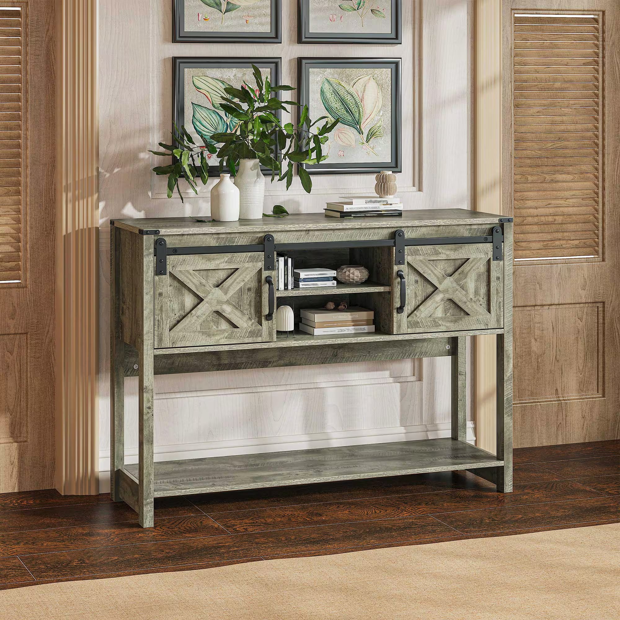 Aukfa 46" Farmhouse Console Table with Storage Shelf & Sliding Barn Doors, Wood Entryway Table with Storage for Living Room, Hallway, Foyer, Rustic Oak